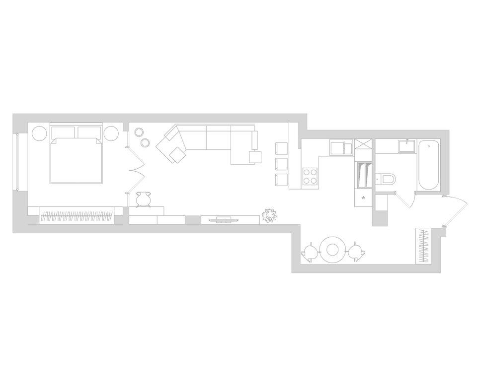 Проект квартиры сложной планировки: вытянутое помещение 47 кв.