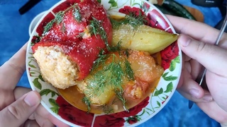 ОБЖОР ФАРШИРОВАННЫЕ КУБАНСКИЕ ДОМАШНИЕ ПЕРЦЫ СО СМЕТАНОЙ / ВКУСНАЯ ПРИКУСКА / КОМПОТ / МУКБАНГ